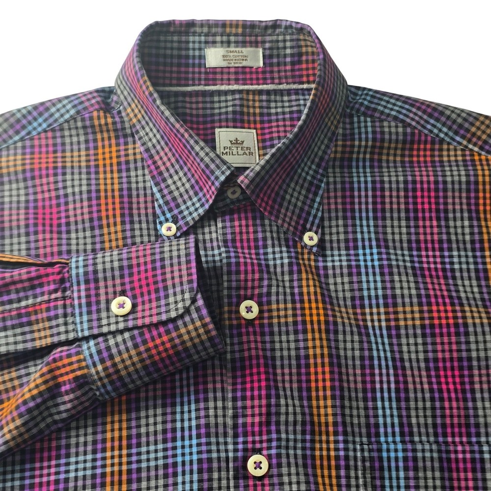 Peter Millar Button Down Shirt Men's Small Multicolor Plaid Cotton Long Sleeve